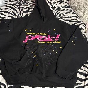 Sp5der Black Graphic Hoodie for Kids with Pink Logo and Star Accents